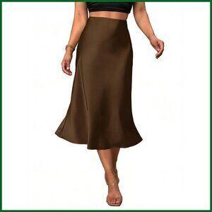 Satin Midi Skirt Fishtail Hem High Waisted Elastic Formal